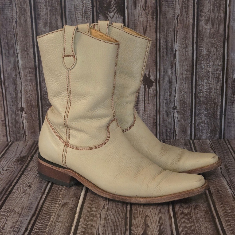 Sz 8.5 US / 27.5 MEX Mens Arango Cream Leather Side Zip Western Cowboy Boots‎